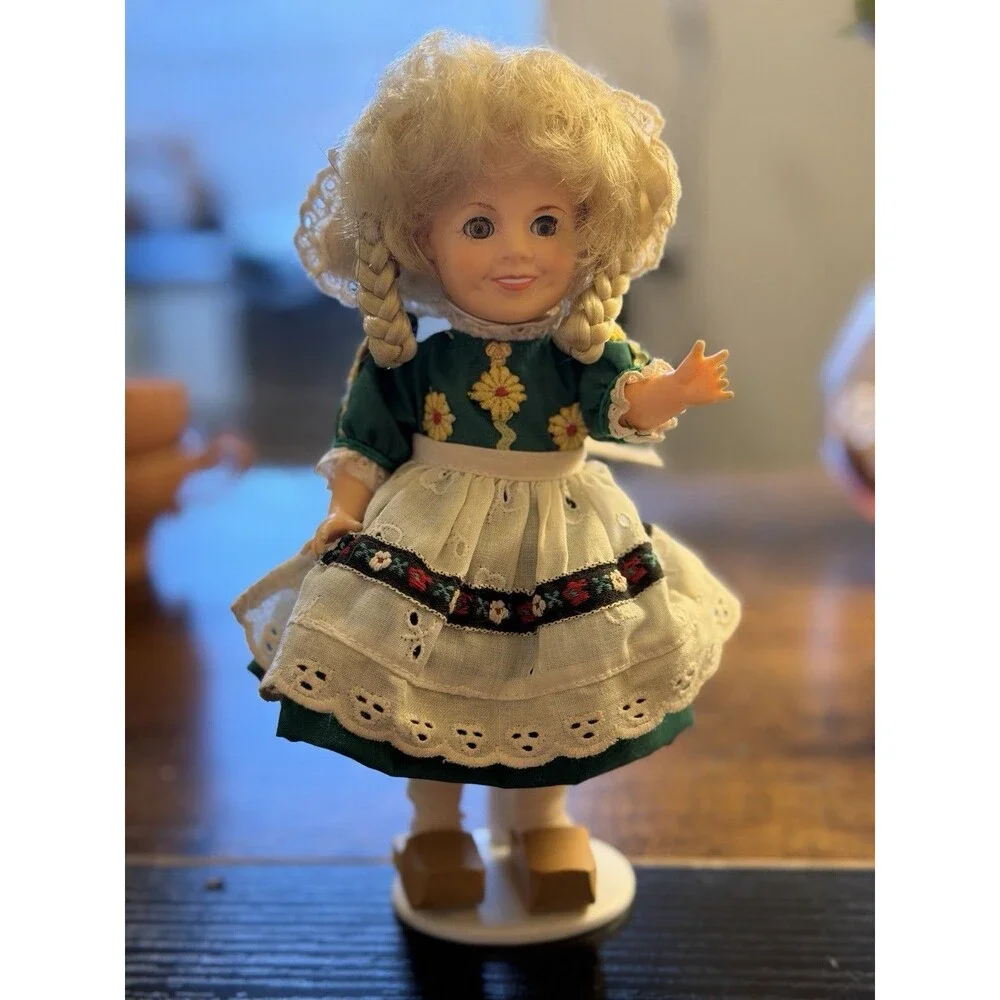 Vintage 1982 Ideal 8” Shirley Temple Dressed as Heidi Doll Wooden Shoes W/Stand